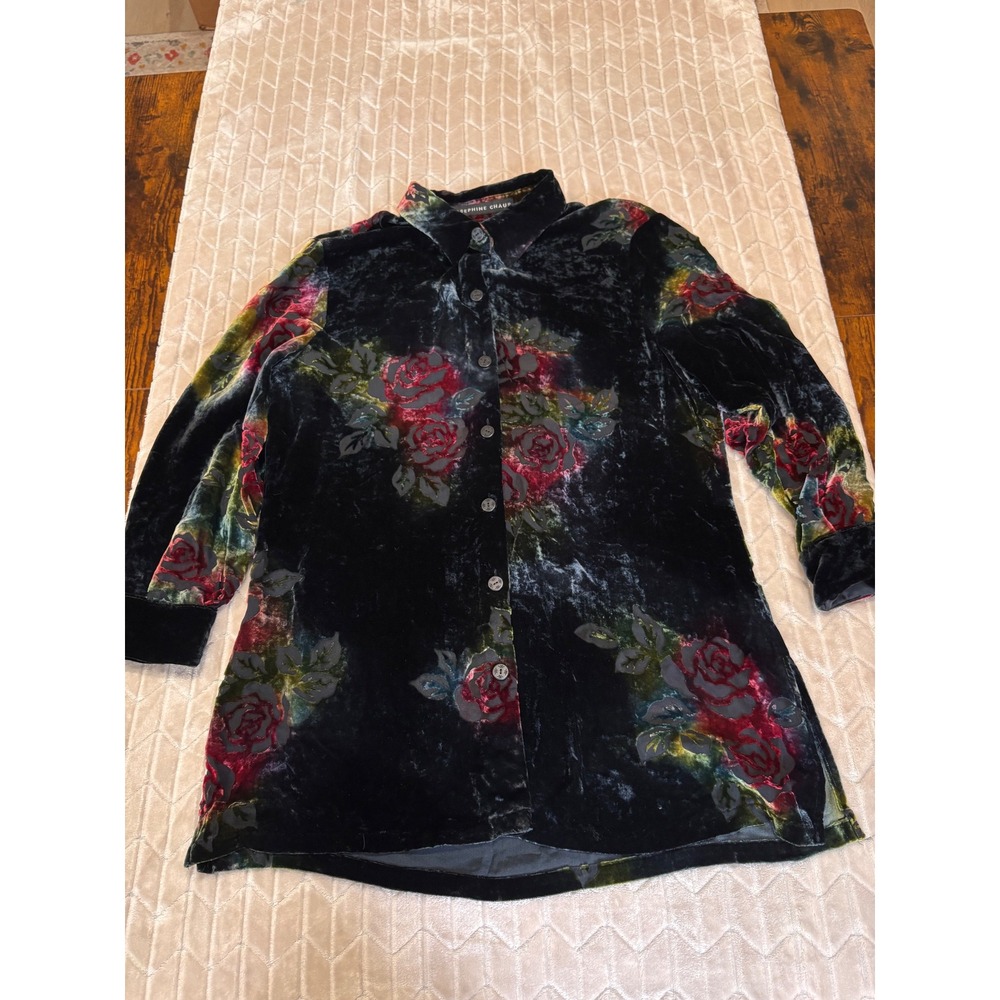 Josephine Chaus Silk Blend Burnout Velvet Rose Floral Button Down Shirt Black 10